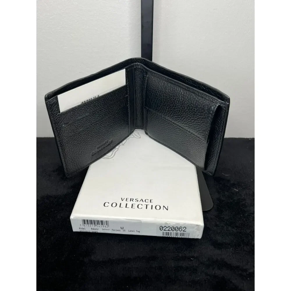 Versace Collection Black Pebbled Leather Bifold Wallet Medusa Auth Box
